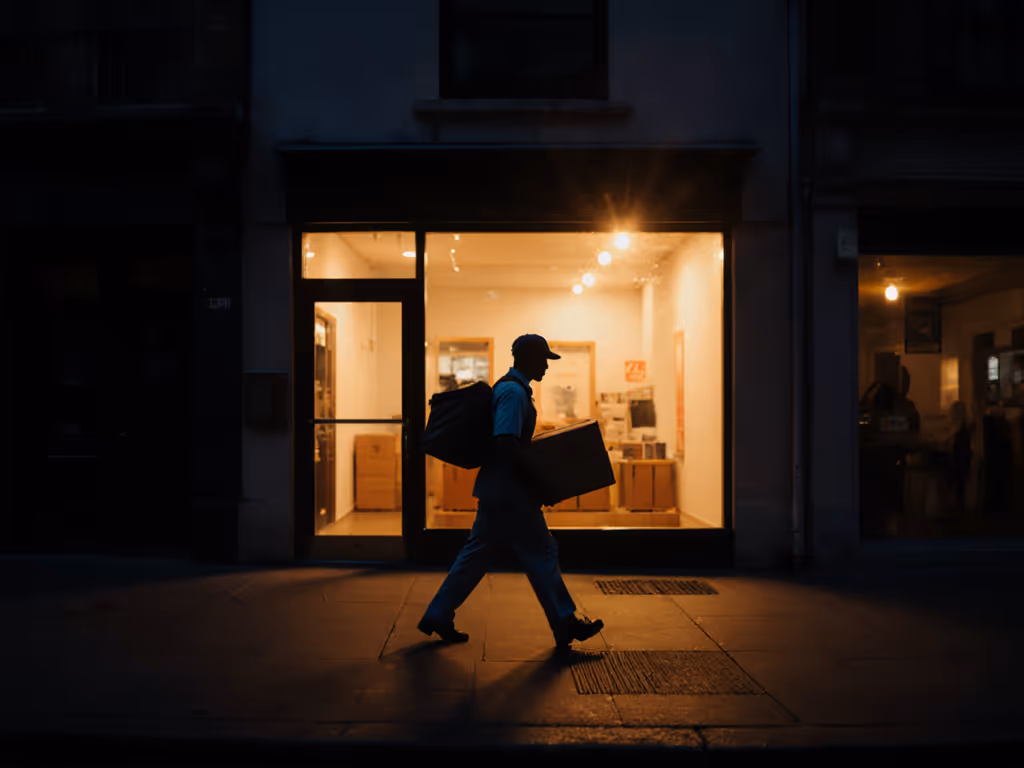 backlit storefront with delivery person