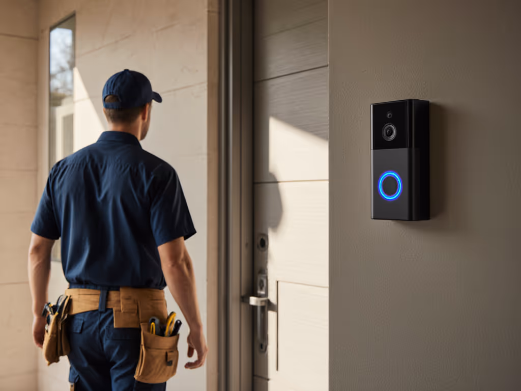 video_doorbell_mounted_on_residential_entryway_contractor_with_tool_belt_visible